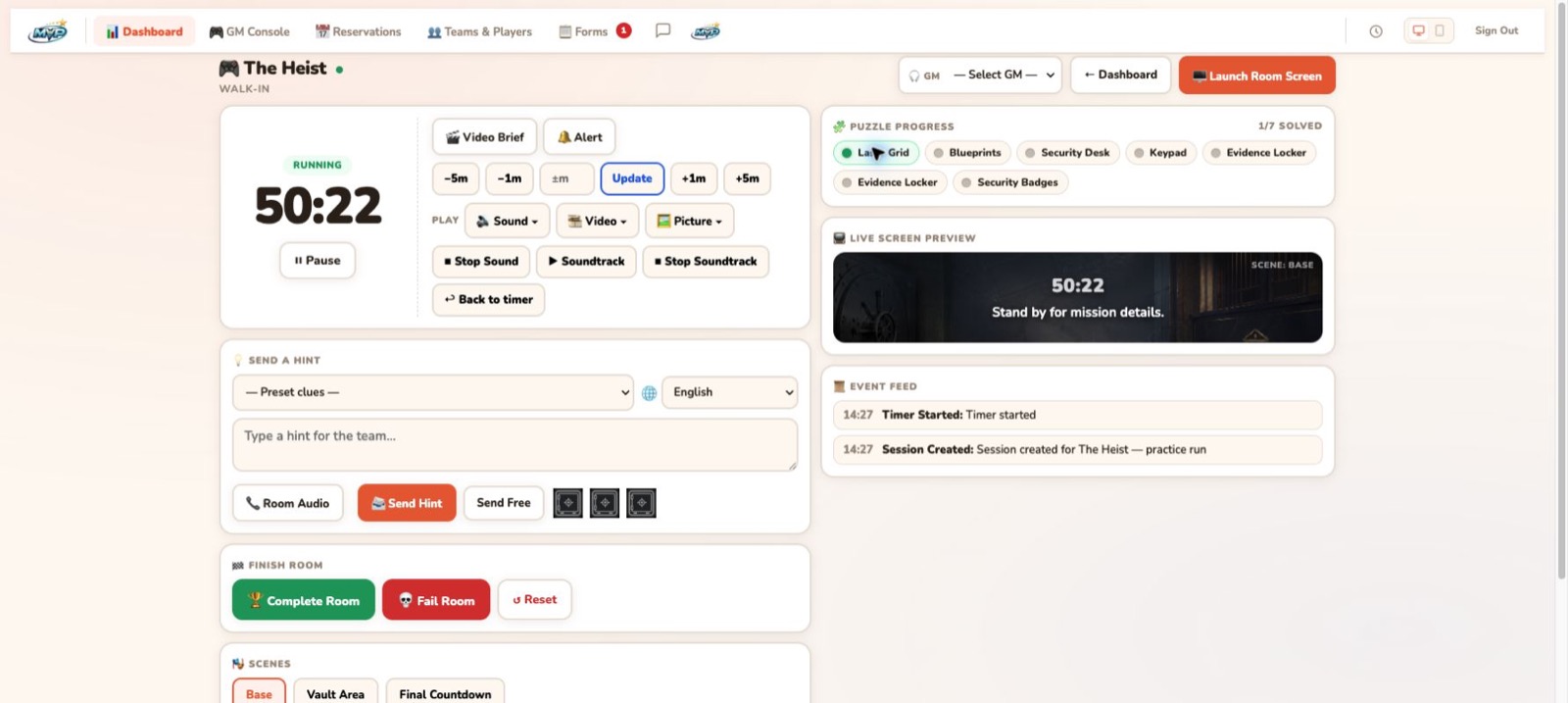 Real running EscapeMVP Game Host console showing a live timer, time controls, multilingual hints, scenes, puzzle progress, room preview and event history