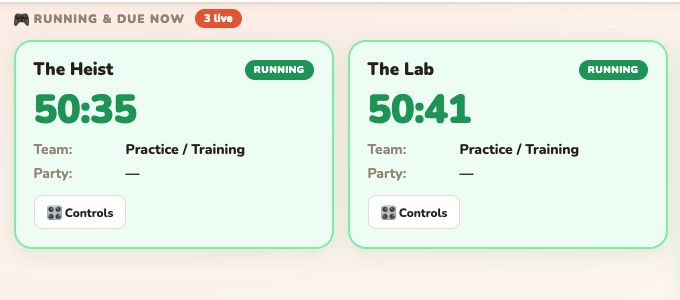 Real EscapeMVP live operations dashboard showing two fictional practice rooms running at once